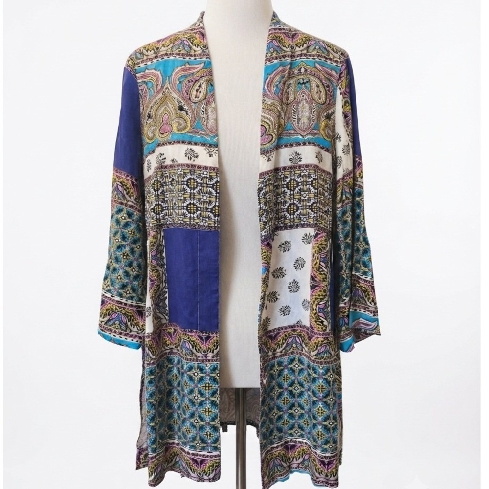 Chicos Linen Open Front Cardigan Paisley Patchwork Boho Kimono Jacket Size 0